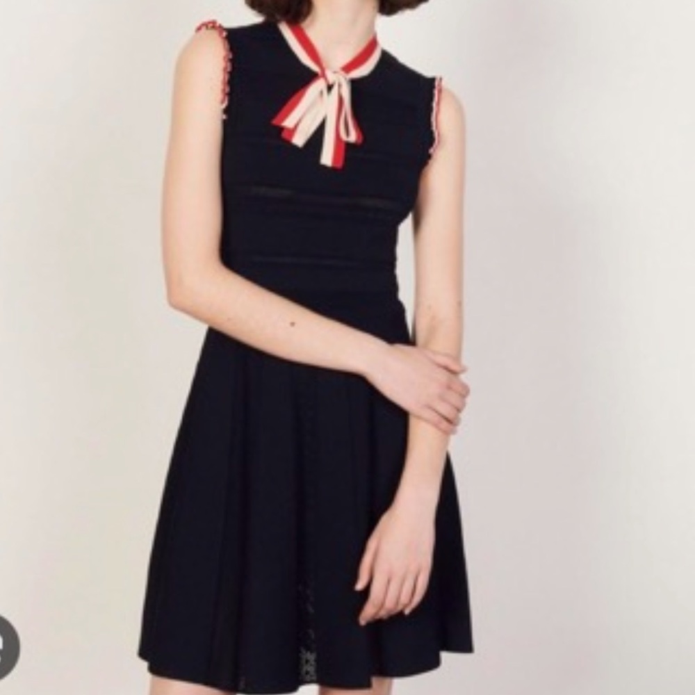 Sandro Navy Blue Sleeveless Dress with Red Ribbon
